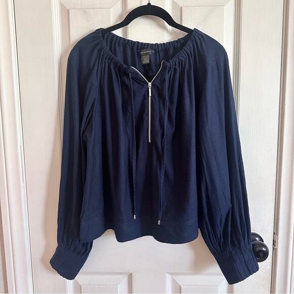 Club Monaco Navy Caprice Puff-Sleeve Peasant Zippered Blouse Size Small - Picture 1 of 7